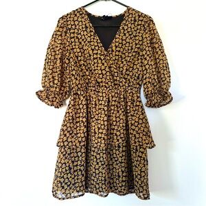 asos chiffon dress yellow and lilac size small puff sleeves fit and flare small